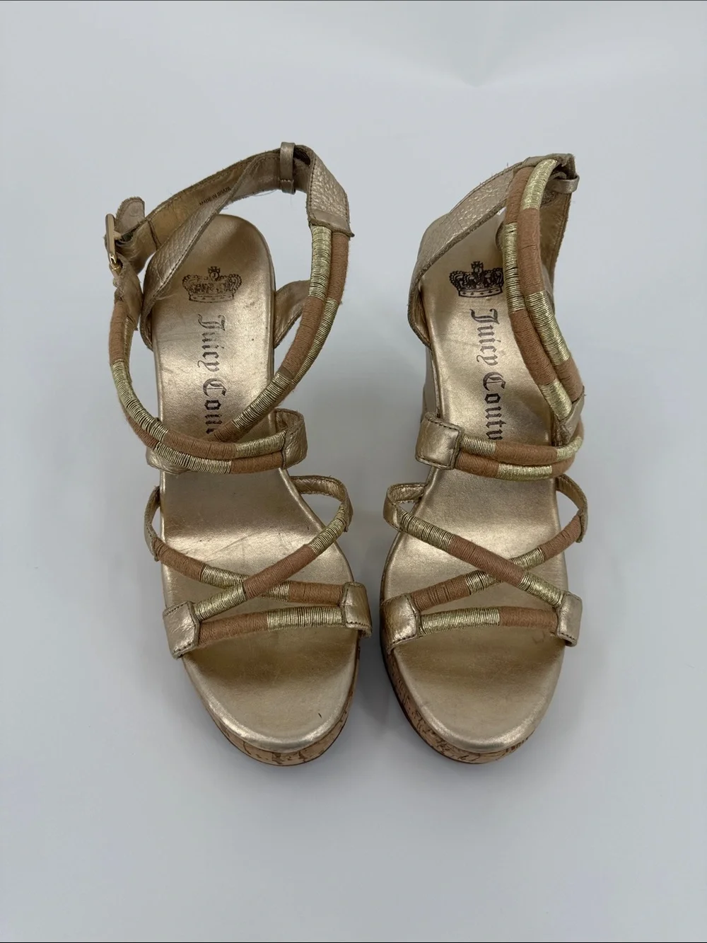 Juicy Couture Metallic Gold Cork Wedge Sandals - Women's Strappy Wedges